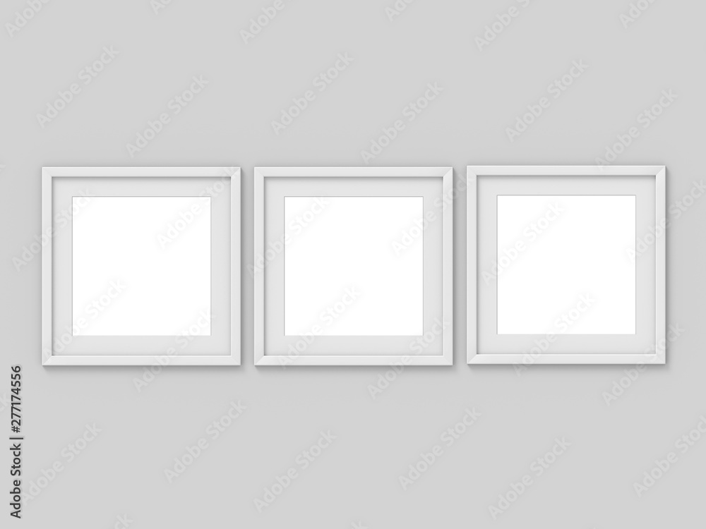 Set of 3 square white simple picture frame with a border. Mockup for photography. 3D rendering Set of 3 square white simple picture frame with a border. Mockup for photography. 3D rendering