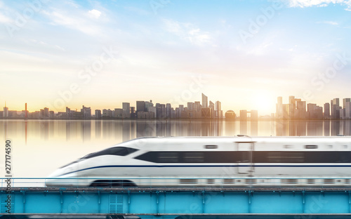 Photography High-speed rail speeds on Bridges and the modern city skyline of chongqing, Chin