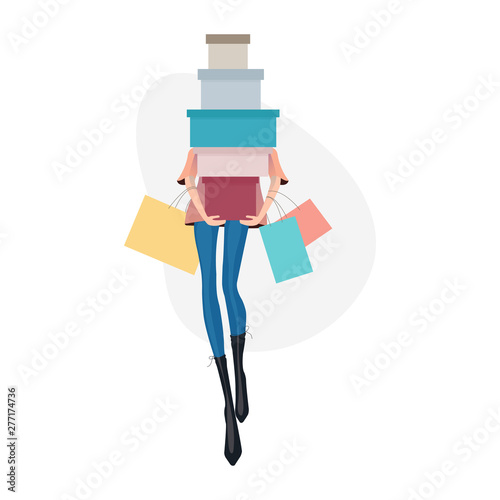 Woman with shopping bags. Shop sale vector illustration, carrying shopping bags with purchases. Madness on sale