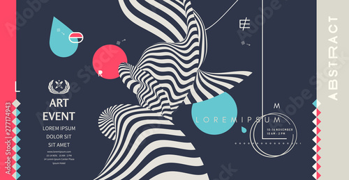 Art event invitation template with date and time details. Background with optical illusion. 3d vector illustration for promotions or presentations.