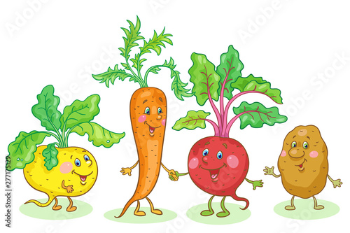 Funny root vegetables. Carrot, beet, turnip and potato. In cartoon style. Isolated on white background.