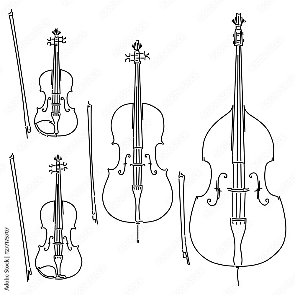 Set simple bowed stringed musical instruments violin, viola (alto), cello, double bass lines. Stock Vector | Adobe Stock