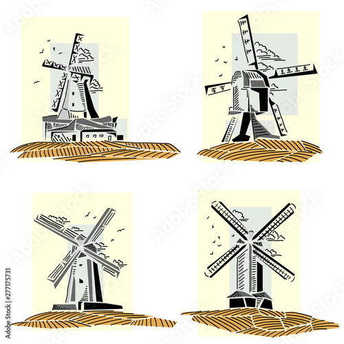 Set of color simple windmills badges.