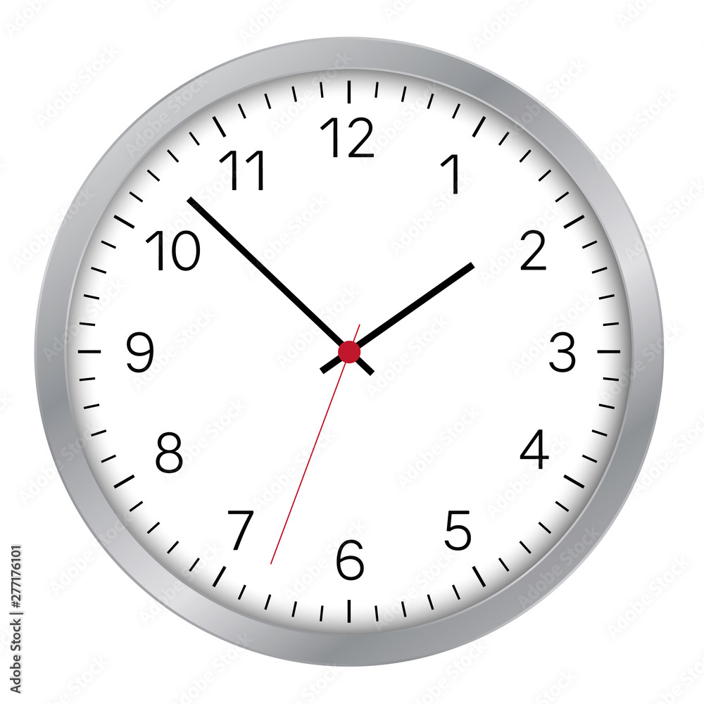 Simple illustration of clock face with minute, hour and second hand and red center with numbers. Metal circular trim. Isolated on white background, vector Simple illustration of clock face with minute, hour and second hand and red center with numbers. Metal circular trim. Isolated on white background, vector