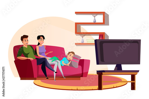 Family watching TV flat vector illustration