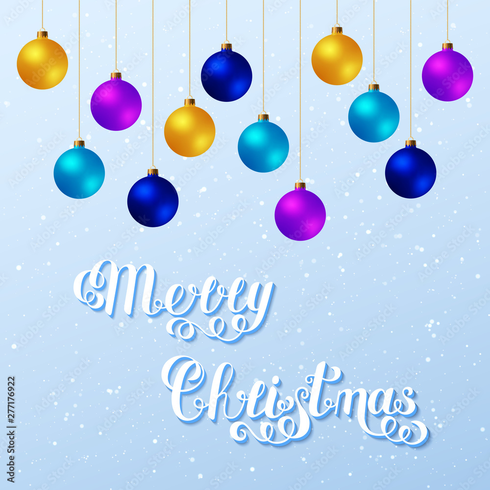 Merry Christmas Handwritten Lettering Text with Blue, Violet, Yellow Christmas Balls on Light Background.