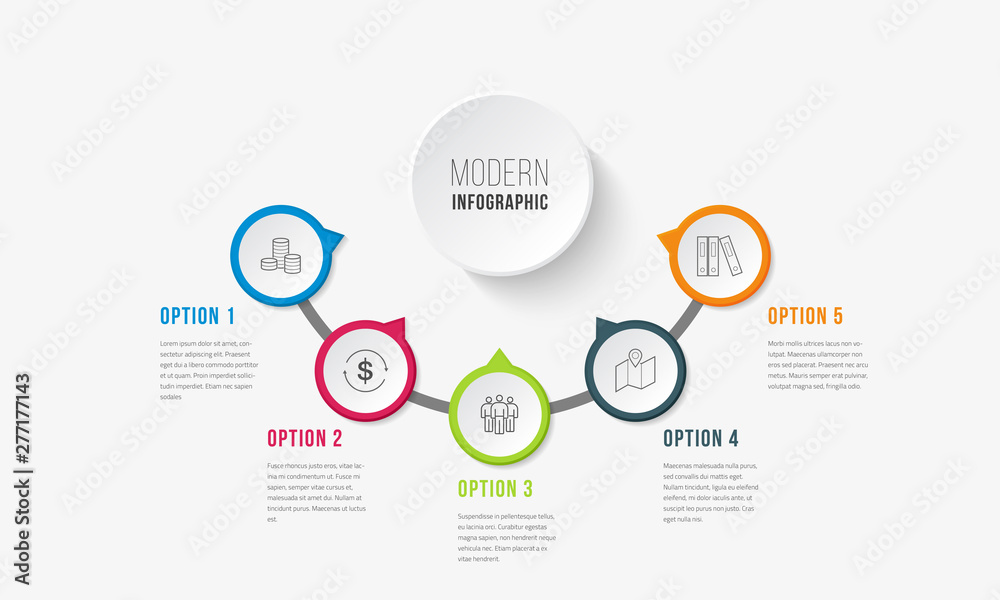 Business infographics timeline design template with icons and 5 steps. Can be used for workflow layout, diagram, annual report, web design