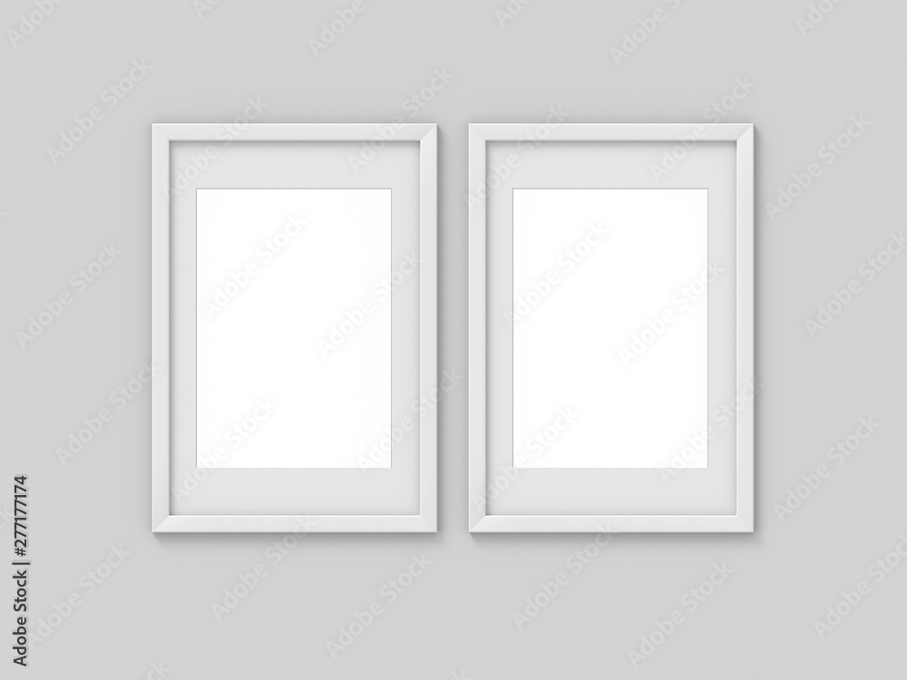 Set of 2 vertical A4 white simple picture frame with a border. Mockup for photography. 3D rendering Set of 2 vertical A4 white simple picture frame with a border. Mockup for photography. 3D rendering