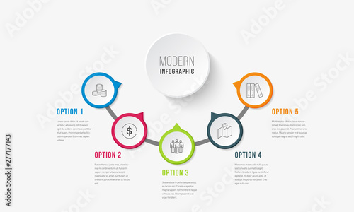 Business infographics timeline design template with icons and 5 steps. Can be used for workflow layout, diagram, annual report, web design