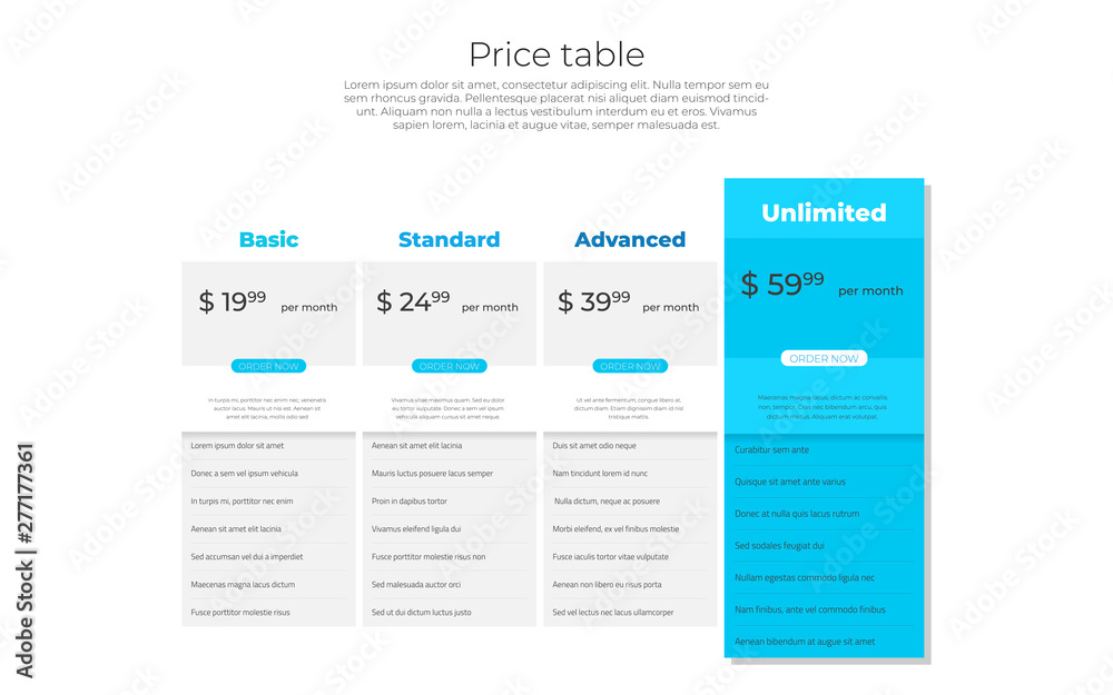 Web pricing table design for business. Vector illustration