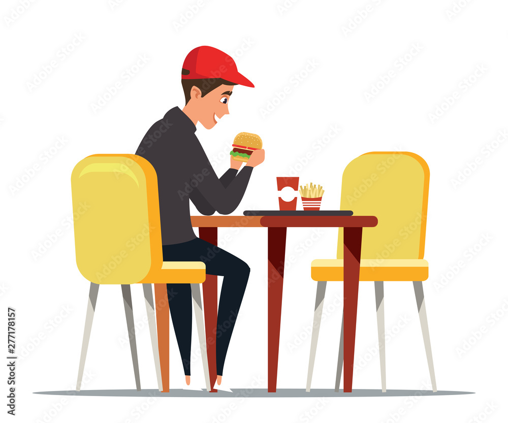 Young customer, student on lunch break flat vector illustration. Young customer, student on lunch break flat vector illustration.
