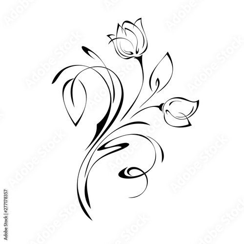 stylized buds on a curved stem with leaves and curls in black lines