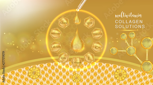 Hyaluronic acid plus multivitamins and minerals skin solutions ad, gold collagen serum drop with cosmetic advertising background ready to use, illustration vector.