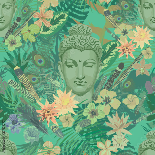 Seamless vintahe style vector pattern with Buddha head.