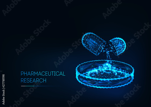 Pharmaceutical research concept with medicine pill and Petri dish and text isolated on dark blue.