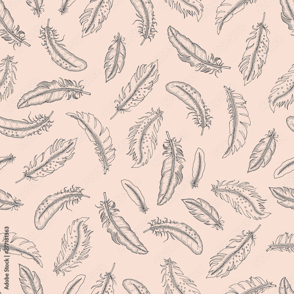 Hand Drawn Sketch Feathers Vector Seamless Pattern