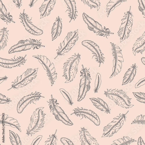 Hand Drawn Sketch Feathers Vector Seamless Pattern