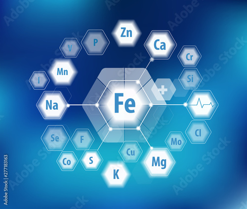 Ironand all minerals for human health. Pie diagram.