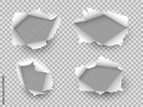 Paper hole. Ripped edge torn holes, cardboard rip burst. Damaged sheet with curled pieces, open paper gap. Realistic vector set
