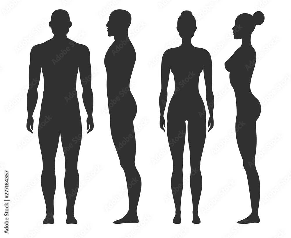 Man and woman silhouettes. Human body outline shapes in side and front view. Standing male and female figures vector isolated set - obrazy, fototapety, plakaty 