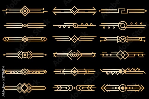 Art deco borders. Gold deco design dividers, book header ornament patterns. 1920s and 30s vintage luxury elements. Vector isolated set