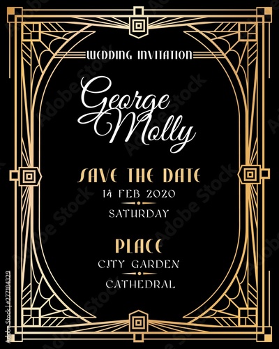 Art deco invitation. Wedding art deco card with gold frame border, classic 1920s retro style luxury art. Golden abstract vector mockup
