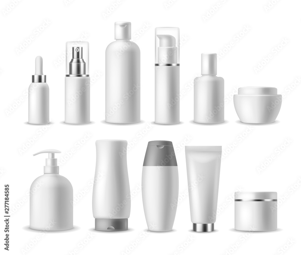 Realistic cosmetic package. White blank cosmetics bottles, containers. Beauty products. Spray, soap and cream, shampoo vector mockup Realistic cosmetic package. White blank cosmetics bottles, containers. Beauty products. Spray, soap and cream, shampoo vector mockup