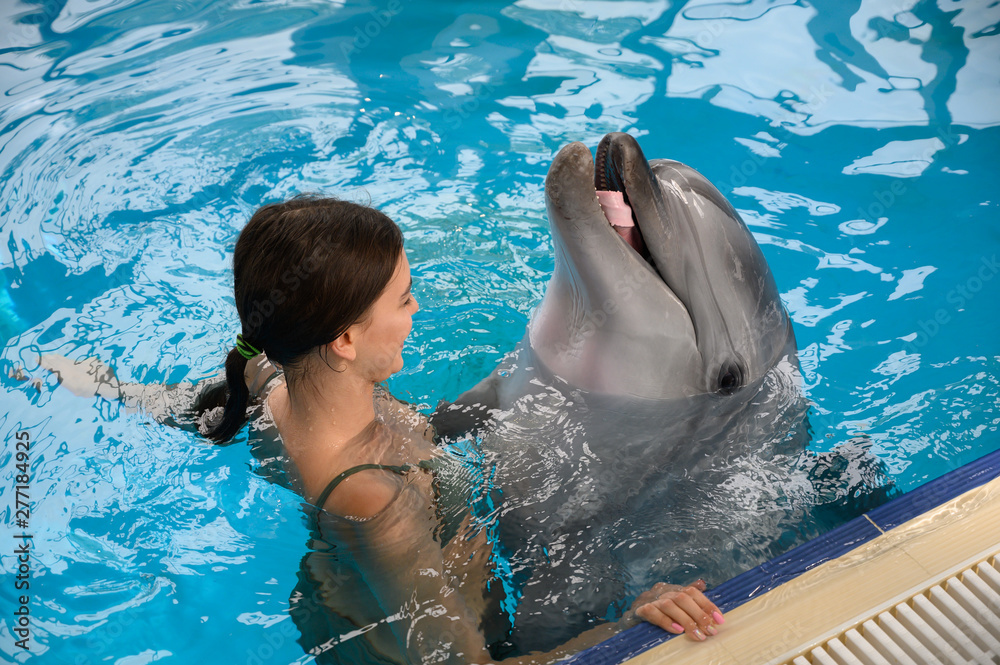 Obraz premium young beautiful brunette woman in a swimsuit swims and plays with a funny cute sea dolphin. Emotional rest in the water park. positive emotions, communication with marine mammals