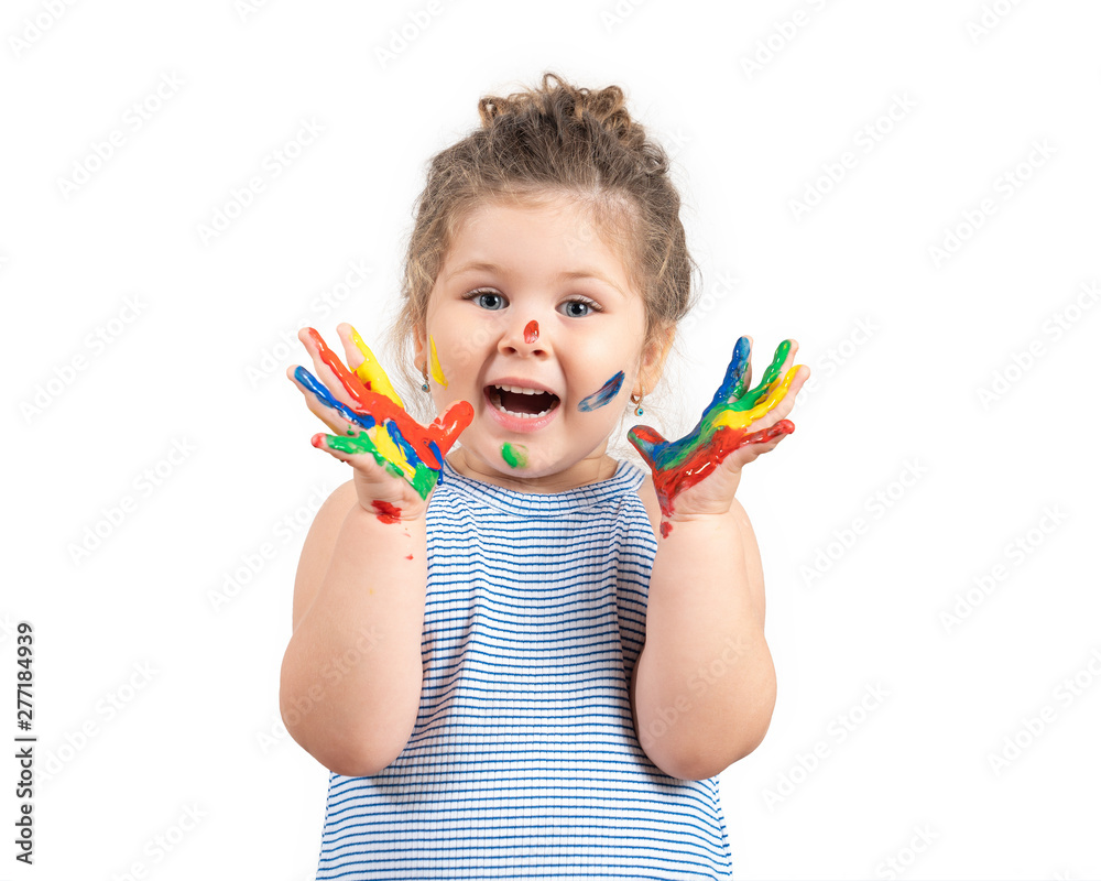 Smiling little girl with hands in the paint on white background Smiling little girl with hands in the paint on white background