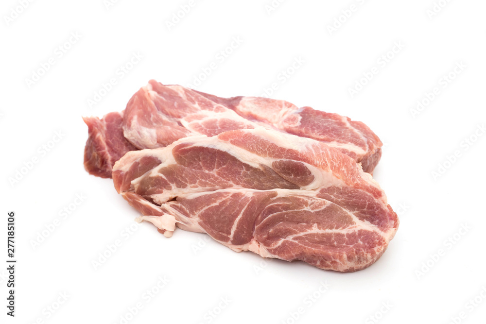 resh raw pork neck meat garlic pepper and rosemary isolated on white