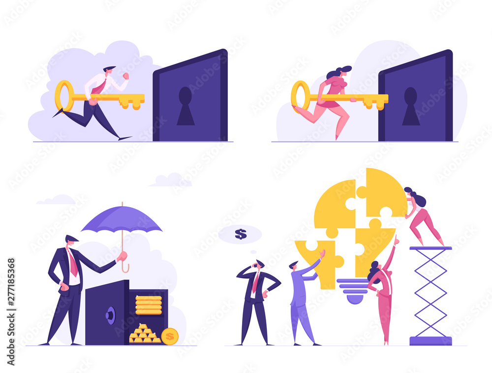 Money Savings, Teamwork, Business Solution, Creative Idea Set. Businesspeople Put Key to Lock Hole, Cover Safe with Umbrella, Set Up Light Bulb Puzzle Pieces, Success. Cartoon Flat Vector Illustration