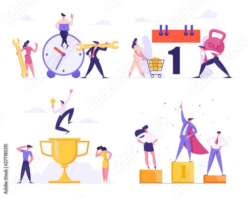Deadline, Technical Support, Business Leadership, Taxation Set. Businesspeople in Office Situations, Winner with Goblet, Super Hero Manager, Tax Payment Schedule, Cartoon Flat Vector Illustration