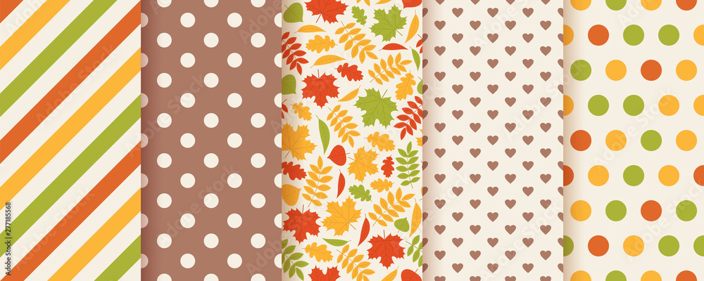 Autumn pattern. Vector. Seamless print with fall leaves, polka dot, stripes and hearts. Set seasonal geometric backgrounds. Colorful cartoon illustration. Cute abstract wallpaper textures. Flat design Autumn pattern. Vector. Seamless print with fall leaves, polka dot, stripes and hearts. Set seasonal geometric backgrounds. Colorful cartoon illustration. Cute abstract wallpaper textures. Flat design