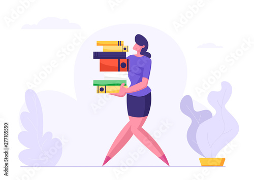 Woman Carry Big Heap of Documents Files. Businesswoman, Secretary Character, Office Employee at Work, Very Busy Day, Accounting Bureaucracy, Disorganized Manager. Cartoon Flat Vector Illustration
