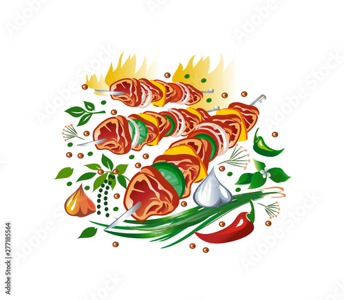 Kebabs, spices, herbs and vegetables. Vector illustration.