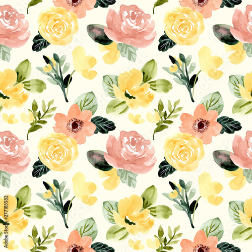 yellow blush green flower watercolor seamless pattern