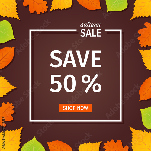 Sale banner. Vector. Autumn flyer template with fall leaves. Poster, card, label, web design. Bright background. Illustration with colorful leaf.