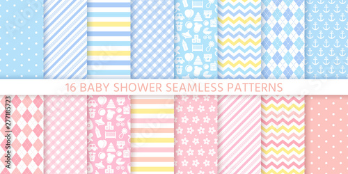 Baby boy girl pattern. Baby shower seamless background. Vector Blue pink childish textile print. Set cute pastel texture for invitation, invite template, card, birth party scrapbook. Flat illustration