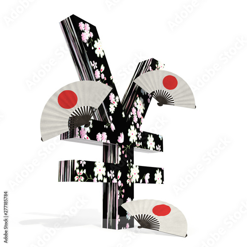 3d illustration of Yen with japanese fans and cherry blossoms