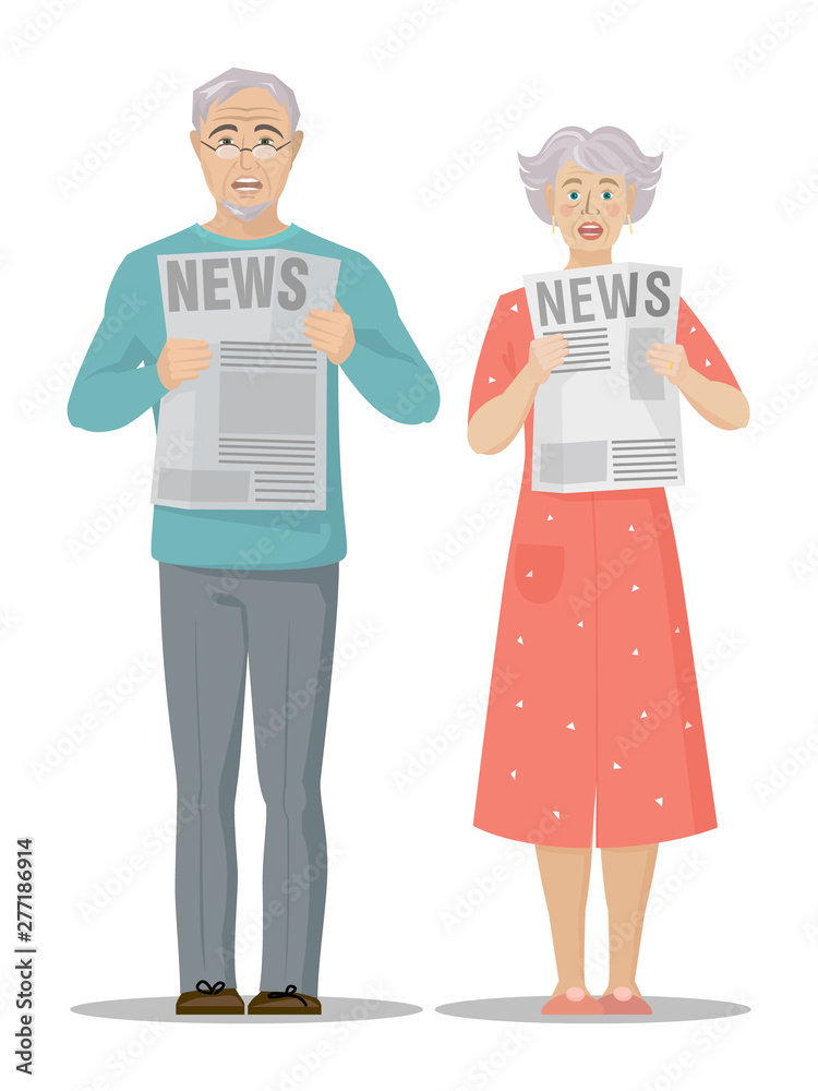Elderly people are in shock. Color graphic drawing, a couple of old man and woman read bad news in the newspaper. Vector illustration isolated on background. Full length portraits. Elderly people are in shock. Color graphic drawing, a couple of old man and woman read bad news in the newspaper. Vector illustration isolated on background. Full length portraits.