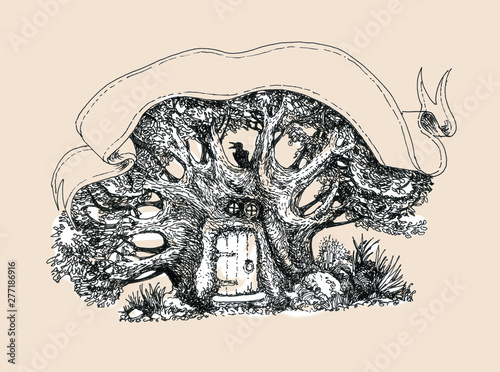  Door to the fairy tale. House in the tree.Ink drawing.Fairy tale forest.