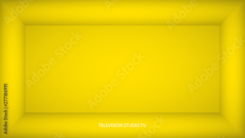 Abstract yellow empty room, niche with yellow wall, floor, ceiling, dark side without any textures, box top view colorless 3d illustration
