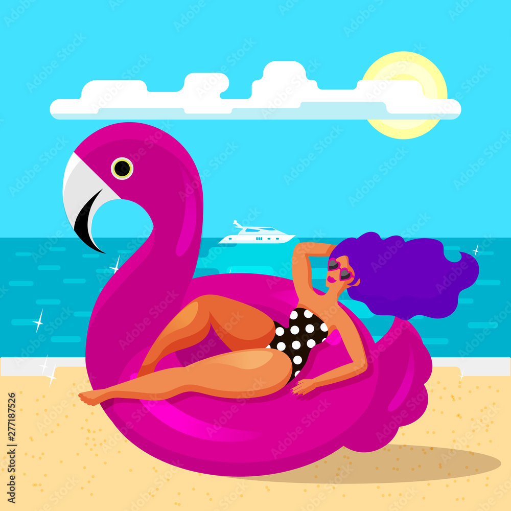 Glamorous woman resting in a huge trendy swimming circle in the form of a pink Flamingo on the beach. Beach holidays, swimming accessories. The summer relax on the sea. Cartoon flat vector style.