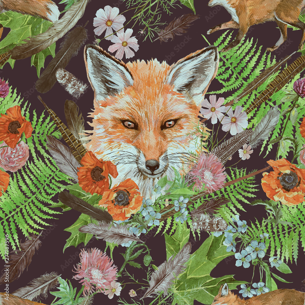 Fototapeta premium Seamless hand drawn watercolor pattern with fox head, feathers, flowers.