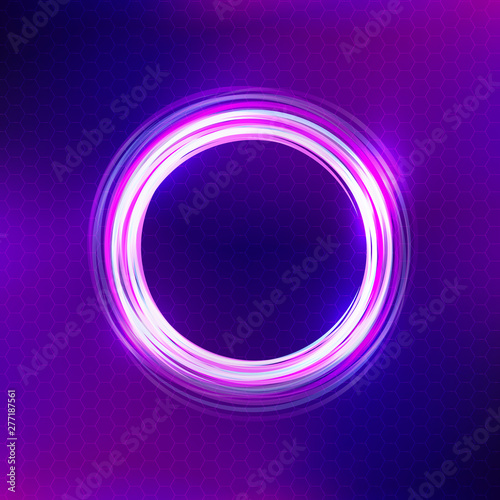 Abstract purple design with illuminated neon circles. Hexagonal grid in the background.