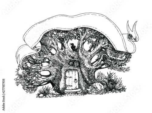 Fairy tale forest. Door to the fairy tale. House in the tree.Ink drawing.