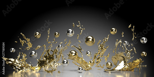 abstract black background with lots of golden and silver pearls and splashes