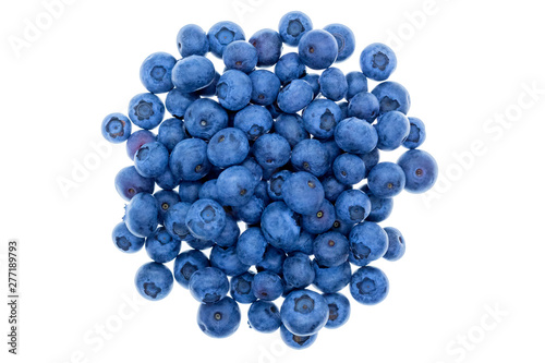 A lot of ripe fresh blueberries on white background. Isolate top view.