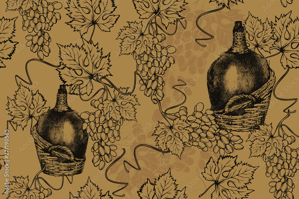 custom made wallpaper toronto digitalOld bottle of wine with grapes, seamless pattern. Hand drawing, vector illustration.