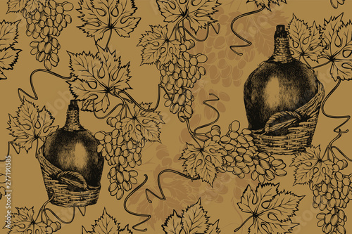 Wallpaper Mural Old bottle of wine with grapes, seamless pattern. Hand drawing, vector illustration. Torontodigital.ca